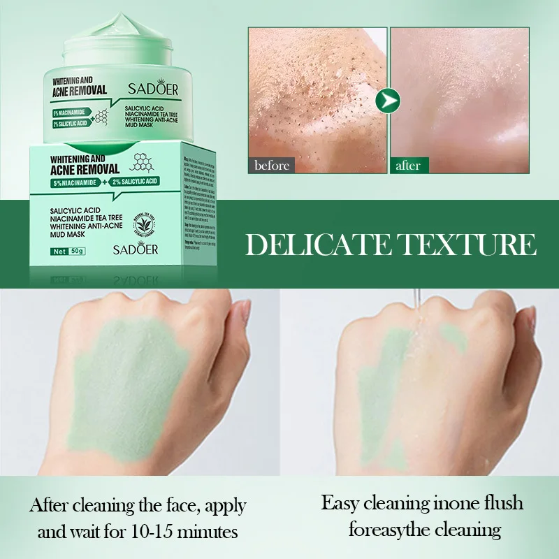 SADOER Salicylic Acid Anti Acne Face Mask Mud Acne Removing Moisturizing Niacinamide Whitening Facial Masks Clay Face Skin Care