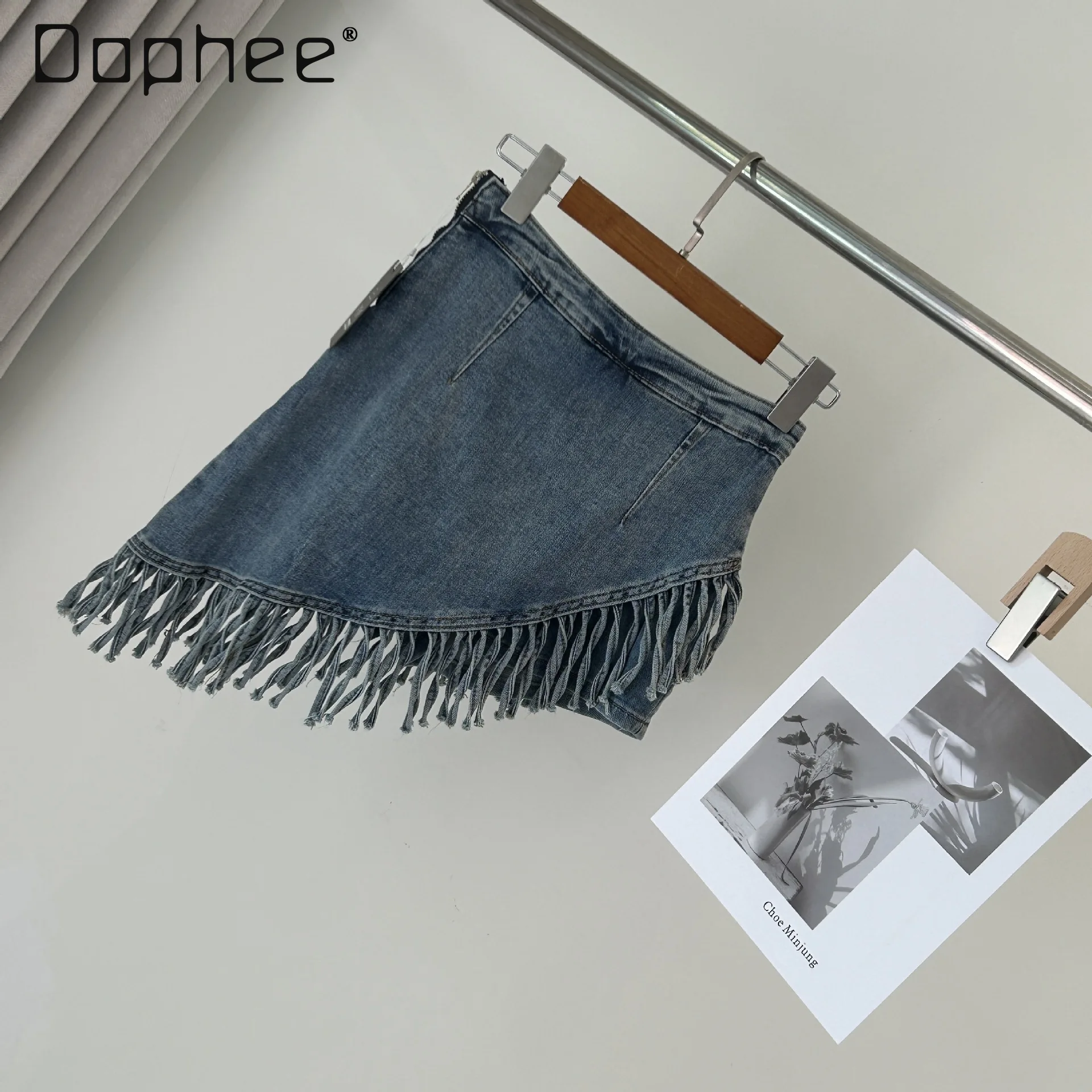 

2024 New High Waist Irregular Tassel Jean Elastic Skirt for Women Summer Temperament Woman Hip All-Match Denim Short Culottes