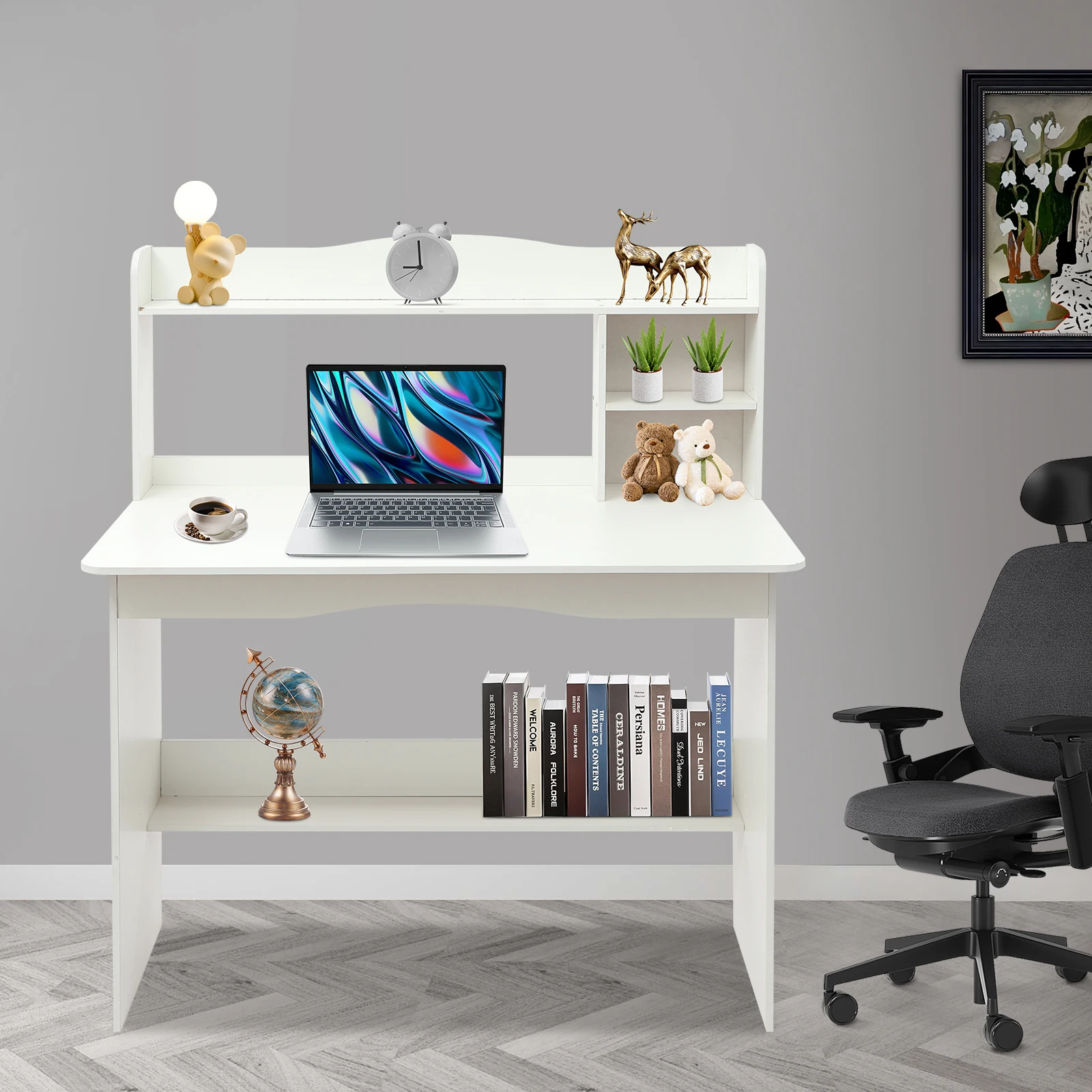 Free Standing Home Office Desk with Bookshelf, Writing Study Computer Workstation Laptop Table for Living Room, Bedroom, School 6
