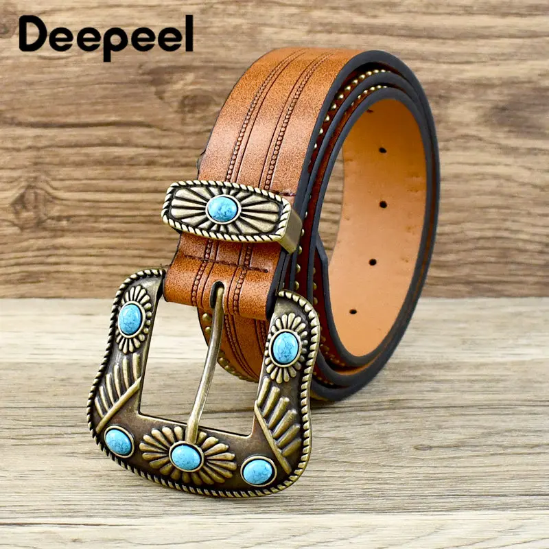 Deepeel Women's Vintage Leather Belt Cowboy Stone Buckle