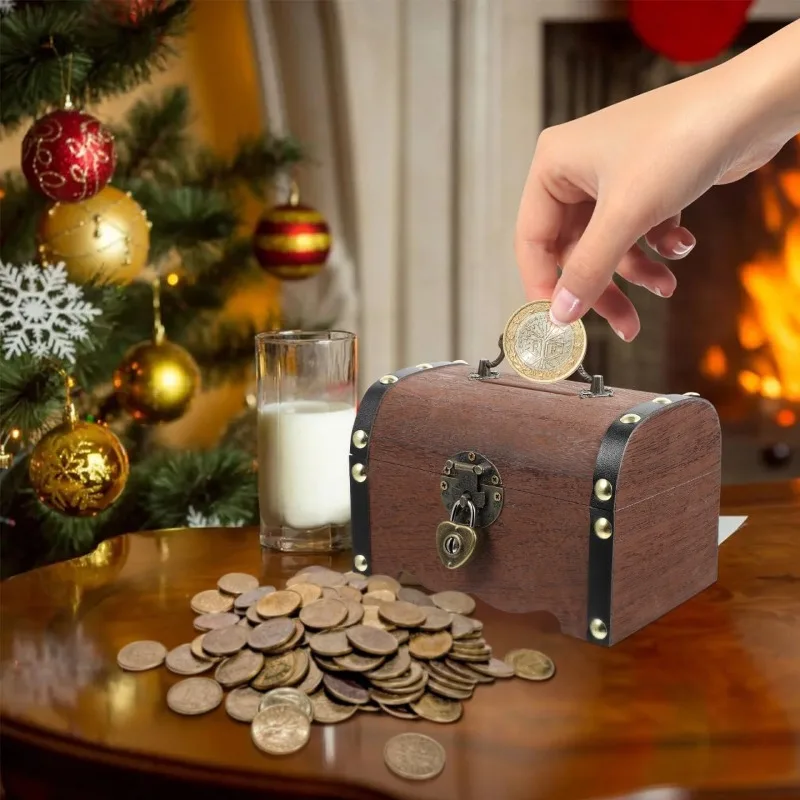 Vintage Treasure Chest Lock Box, Coins and Valuable Items Plastic Storage, Light Brown Bank Items with Locks for Children