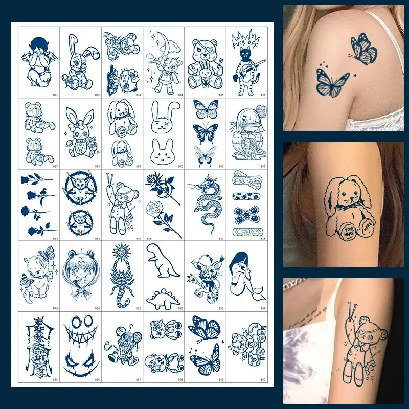 30pcs Semi Permanent Cartoon Herbal Tattoo Stickers For Women's Waterproof Disposable Water Transfer Printing Stickers 2