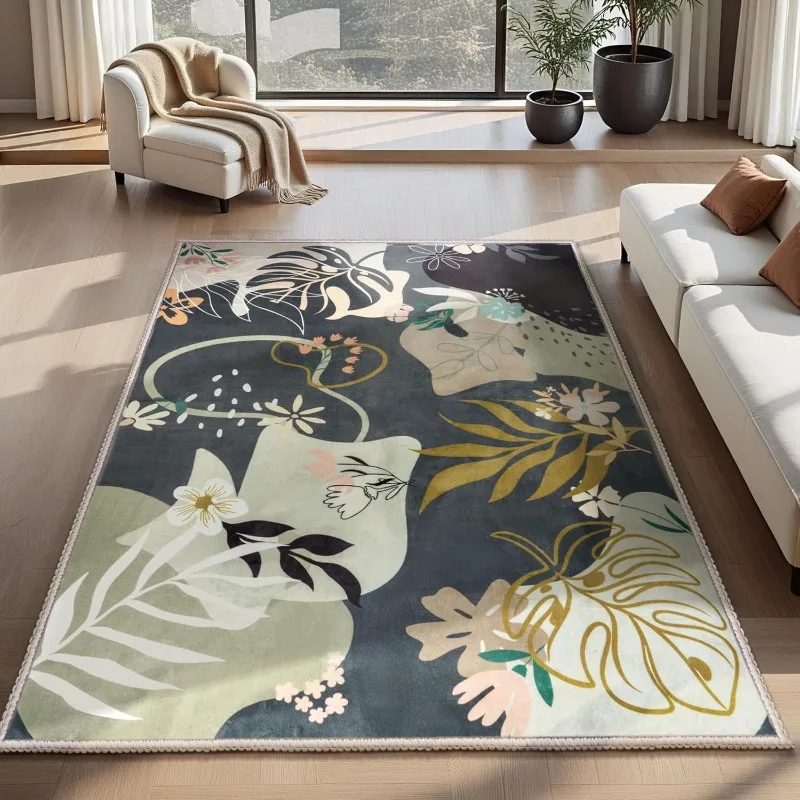 Nordic Living Room Carpet Abstract Floral Fresh Creative Design Bedroom Plush Rug Machine Washable Non-slip Cloackroom Mat Tapis