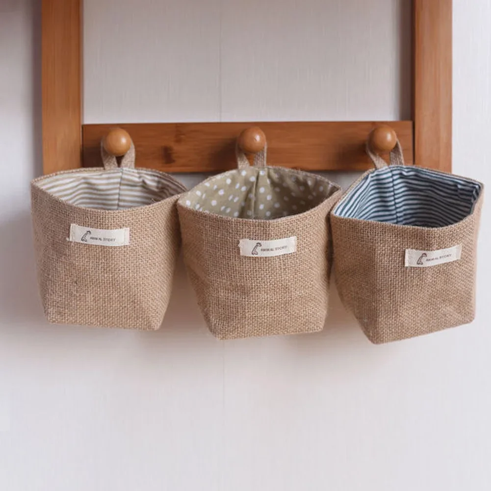 Home Decor Hanging Pocket Storage Basket Small Sack Sundries Cosmetic Organizer Cotton Linen Bag Jute Cotton Linen Sundries