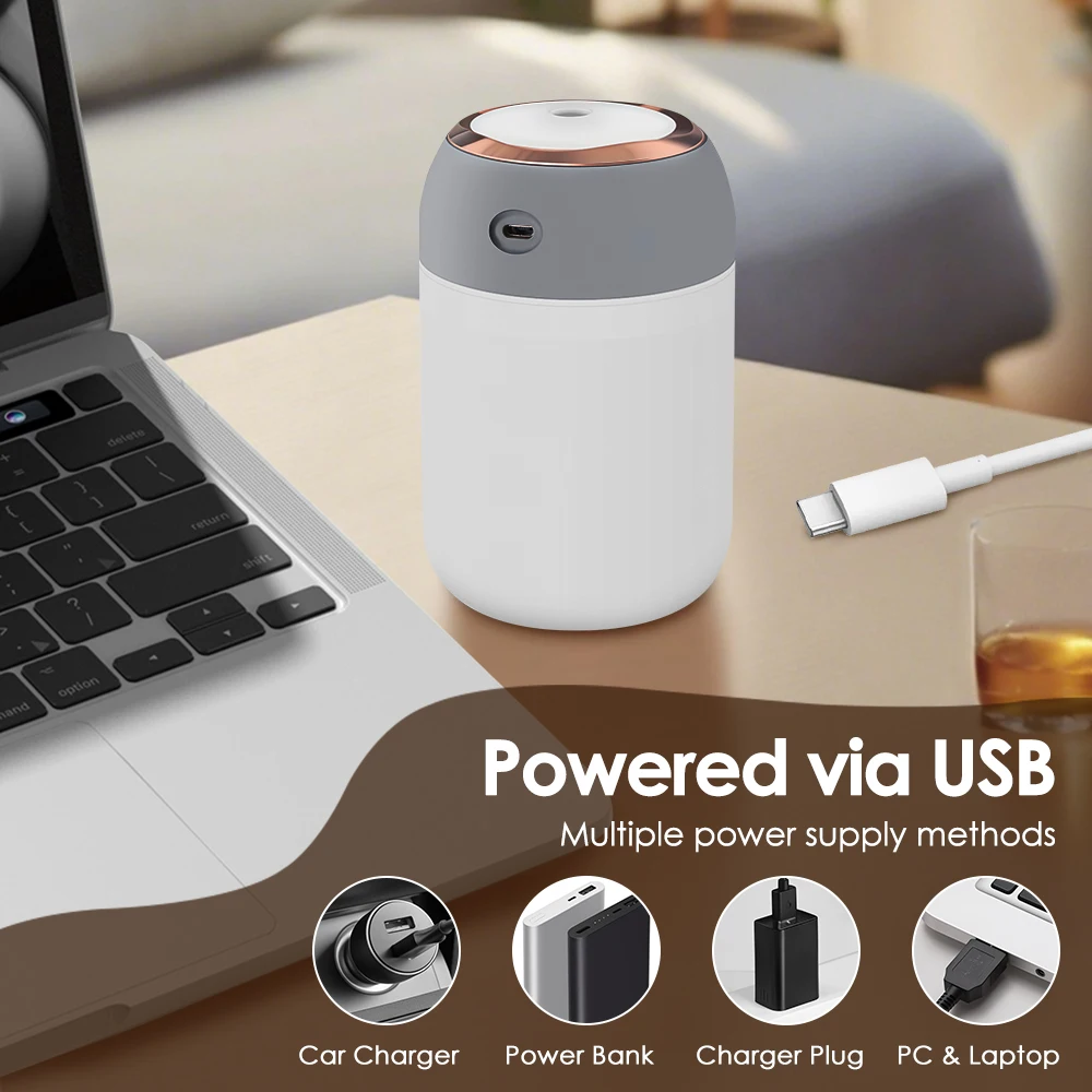 Mini USB Portable Air Humidifier, Aroma Diffuser, LED Cool Light, Mist for Car, Room, Home, Plant Purifier, 330ml ﻿