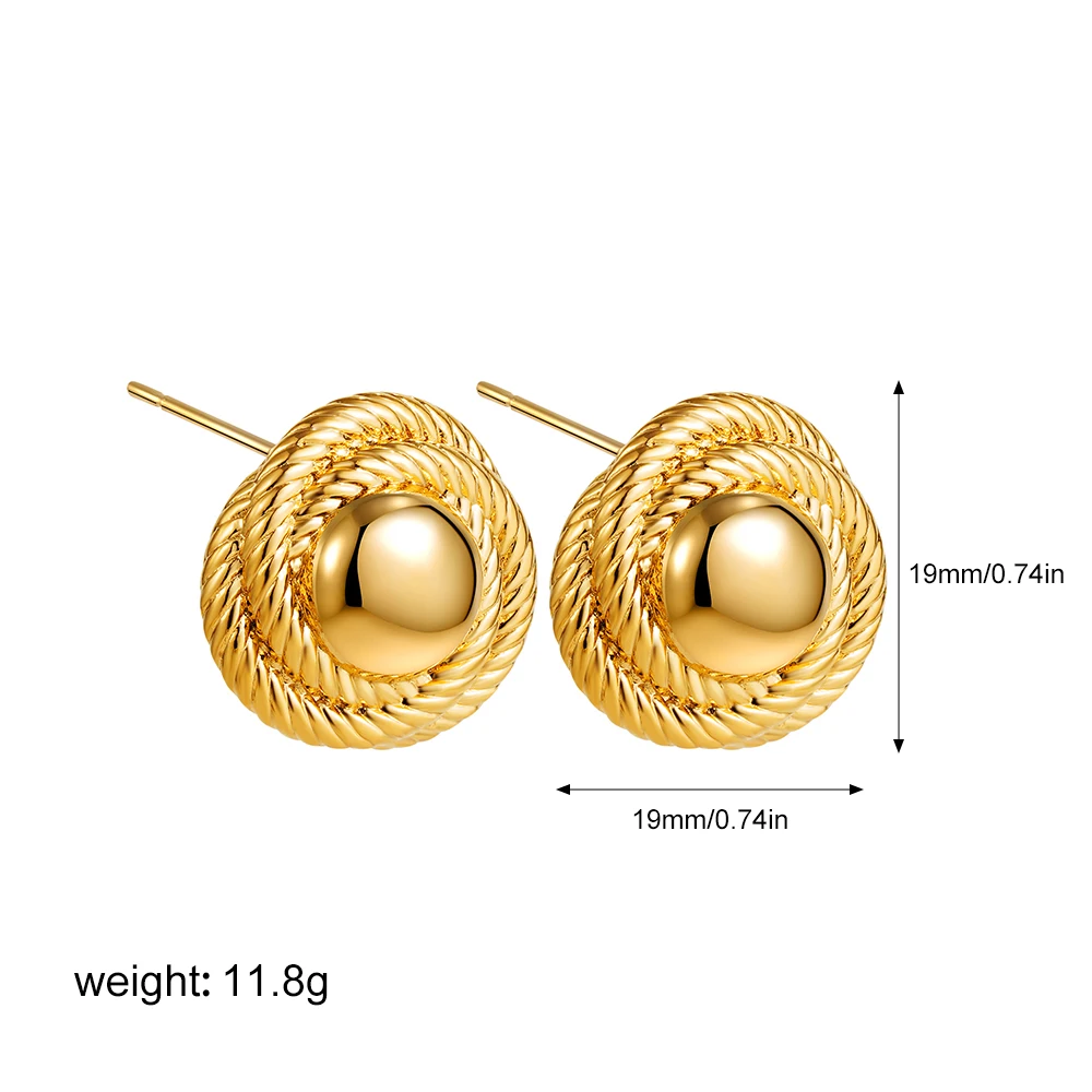 Vintage Stainless Steel Double Layer Striped Texture Stud Earrings for Women Statement Gold Plated Round Earrings Luxury Jewelry