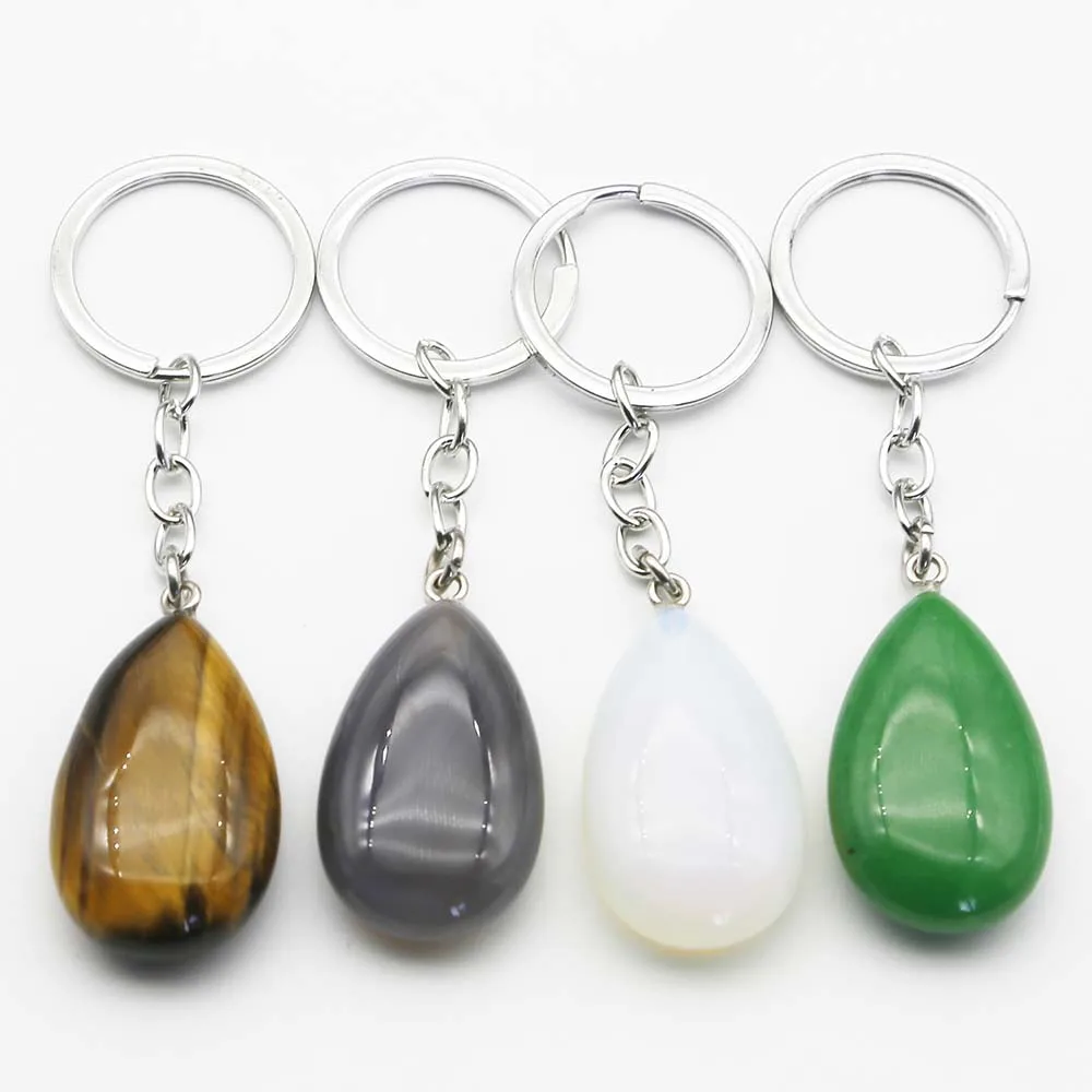 Natural Stone Water Drop Crystal Agate Key Chain Fashion Luggage Pendant Stainless Steel Keys Ring Quality Jewelry Wholesale 4Pc