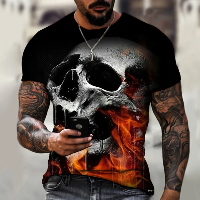 

New Horror Series Skull Head 2023 Brand Men's Clothing 3D Printed O-neck T-shirt Cool Thrilling Theme Loose Oversize