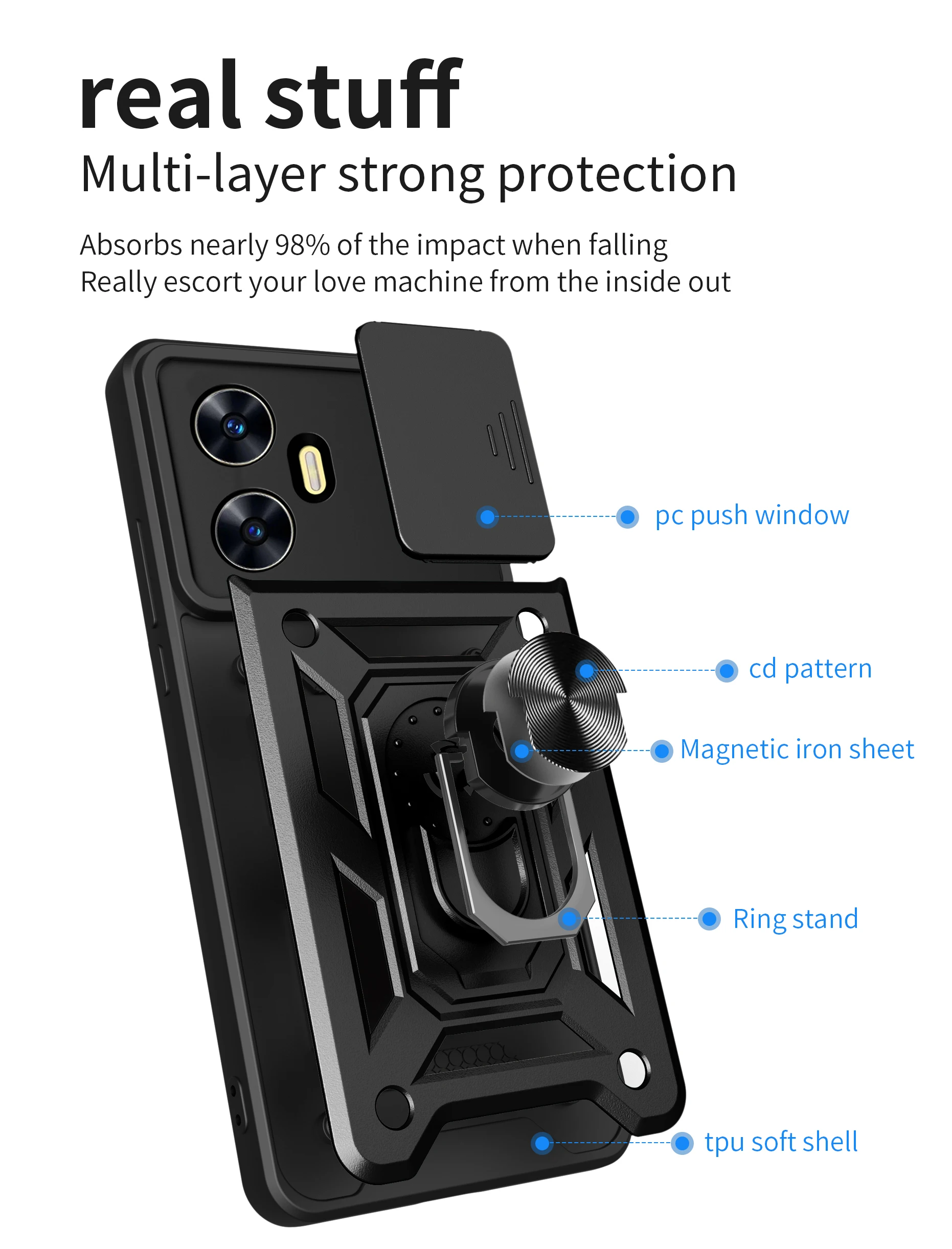 حافظة درع لـ OPPO Realme ، حماية العدسة مع حلقة ، حامل مغناطيسي ، غطاء ، C65 ، C67 ، C55 ، C53 ، C51 ، C35 ، C33 ، C35