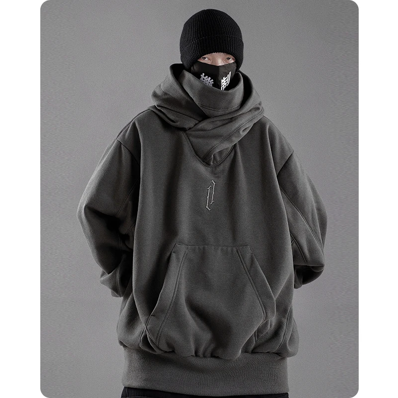 

Men Hiphop Hoodies Autumn Winter High Collar Hoodie Loose Embroidery Hooded Sweatshirts Plush Pullovers High Street Retro Coat