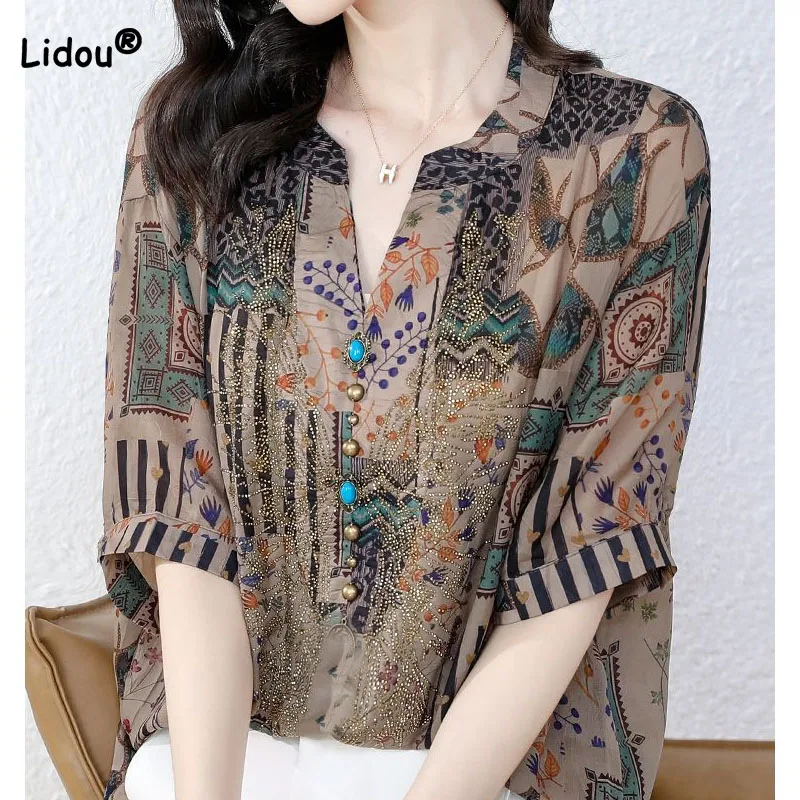 Vintage Casual Printing V-Neck Shirt for Women Summer Loose All-match Short Sleeve Diamonds Spliced Blouse Women's Clothing