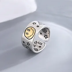 Vintage Thai Silver Ladies Ring with Personality Smile Face Poker Dice Design - No Fade Finish, Ideal Jewelry Gift - Resizable (Gold Face)