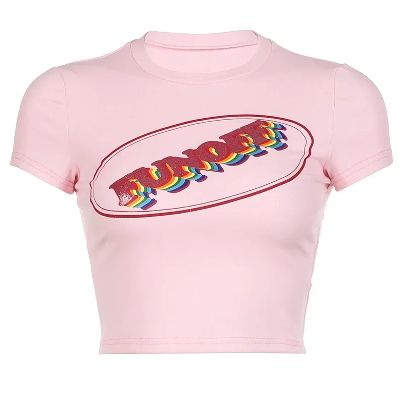 90s Print T-shirts Fashion Casual O Neck Short Sleeve Crop