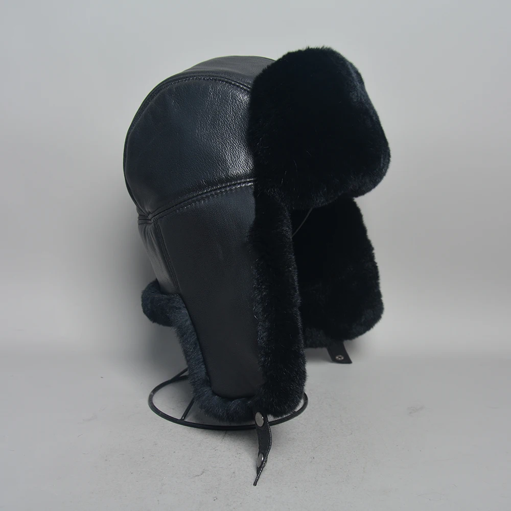 New Unisex Real Rex Rabbit Fur Bomber Hat Ushanka Cap Trapper Russian Men Women Ski Hats Caps Real Sheepskin Leather Winter Warm 2
