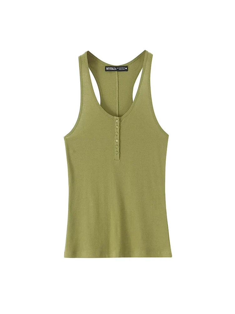 TFMLN Women's Summer Sleeveless Vest Leisure Street Clothing Female Fashion Breasted Slim Round Collar Tee 2025 New Outfit