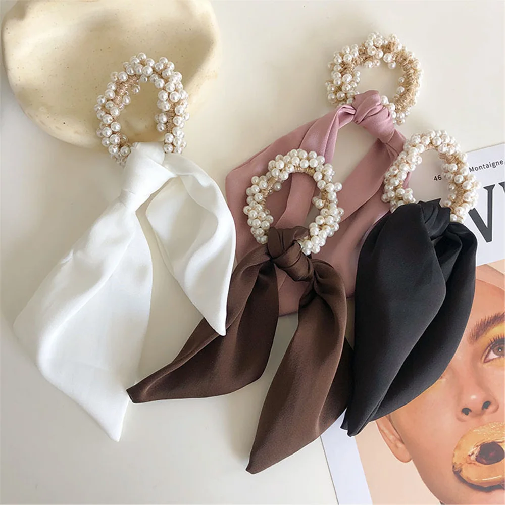 1pc Pearl Streamer Hair Rope Fashion Women High Elastic Beaded Bow Hair