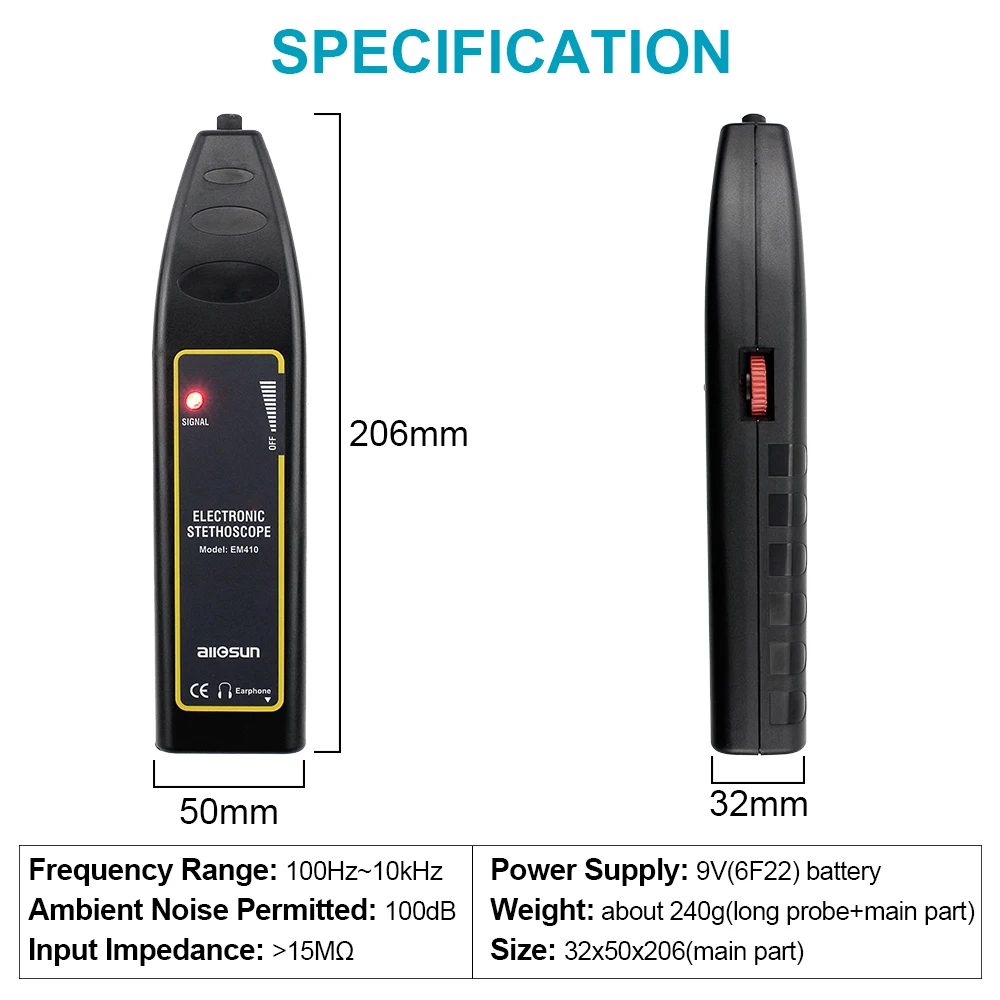 all-sun EM410 Short/Long Probe noise finder 100Hz~10kHz automotive noise sensor finder high sensitivity machine noise detector 2