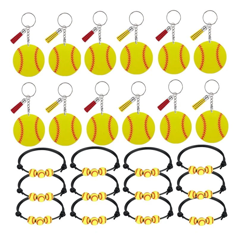 

12 Pcs Softball Acrylic Keychains And 12 Pcs Softball Bracelets Party Decorations For Sportsmen Team School Souvenir Party