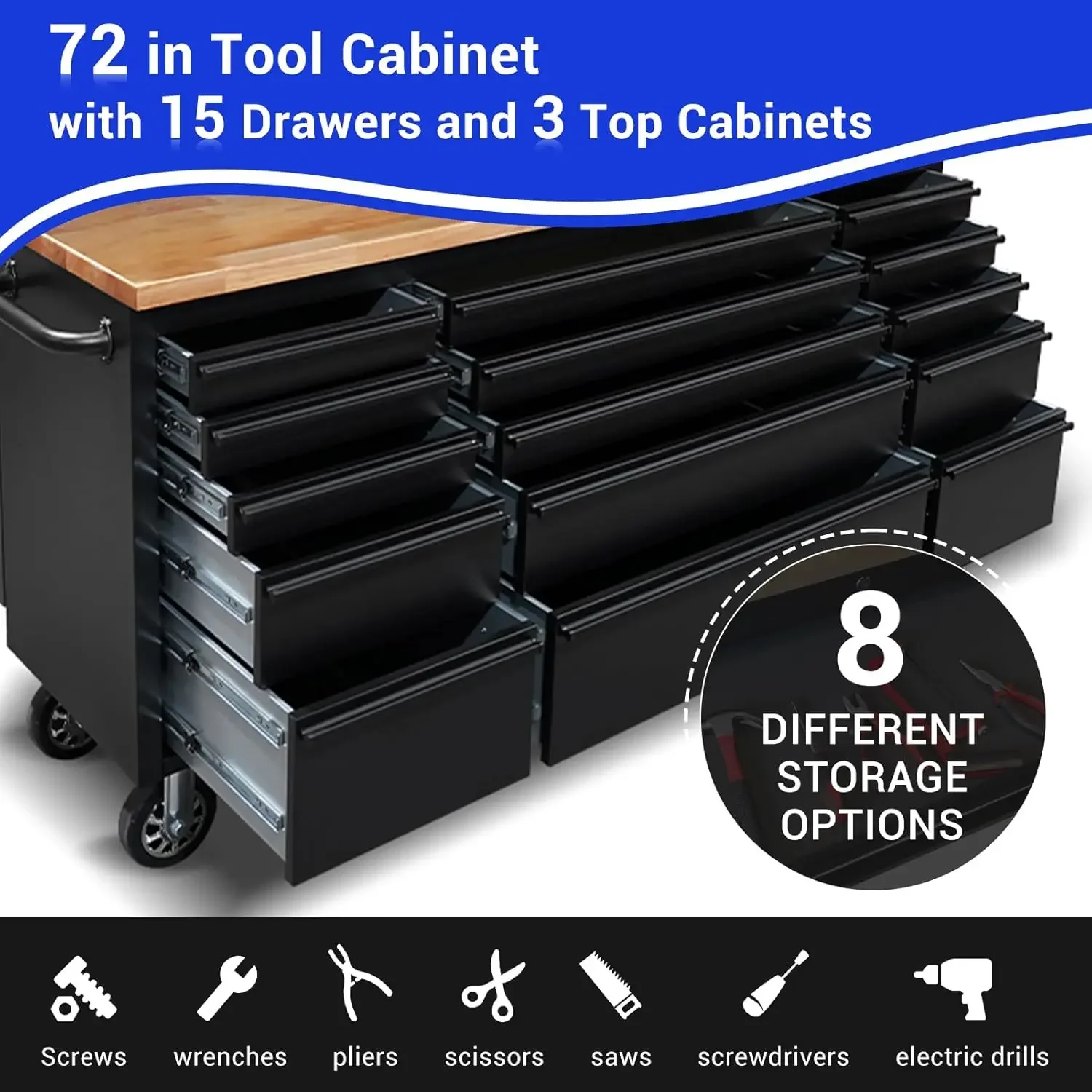 72" Tool Chest Rolling Tool Box 15 Storage Drawers 3 Upper Cabinet Pegboard Large Toolbox with Wheels for Warehouse Basement 5