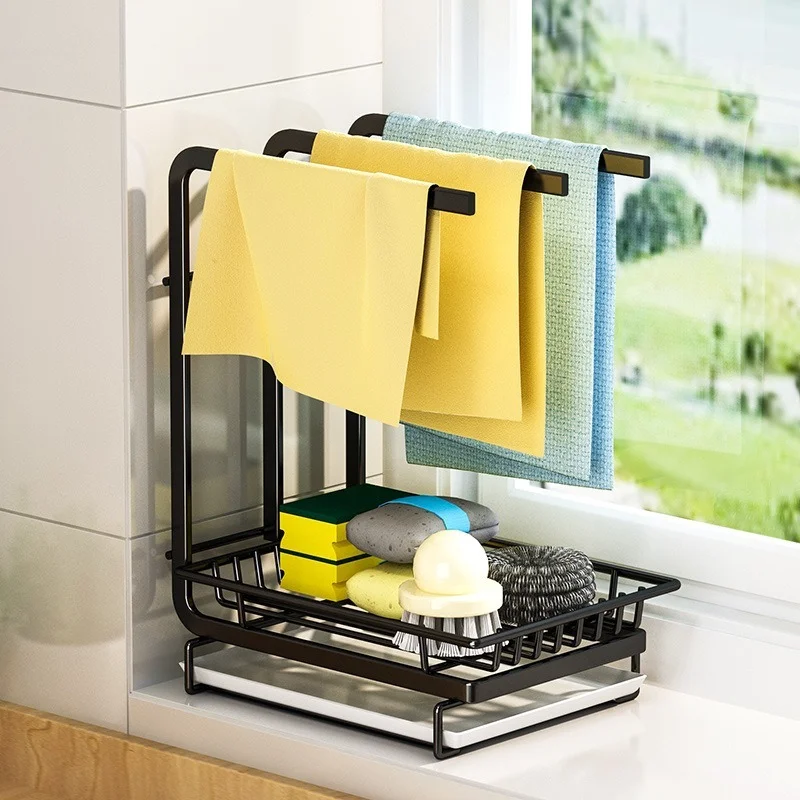 Kitchen Organizer Sink Rack Sponge Holder Kitchen Sink Organizer Towel  Holder Drainer Sink Tray with Drain Pan Storage Rack