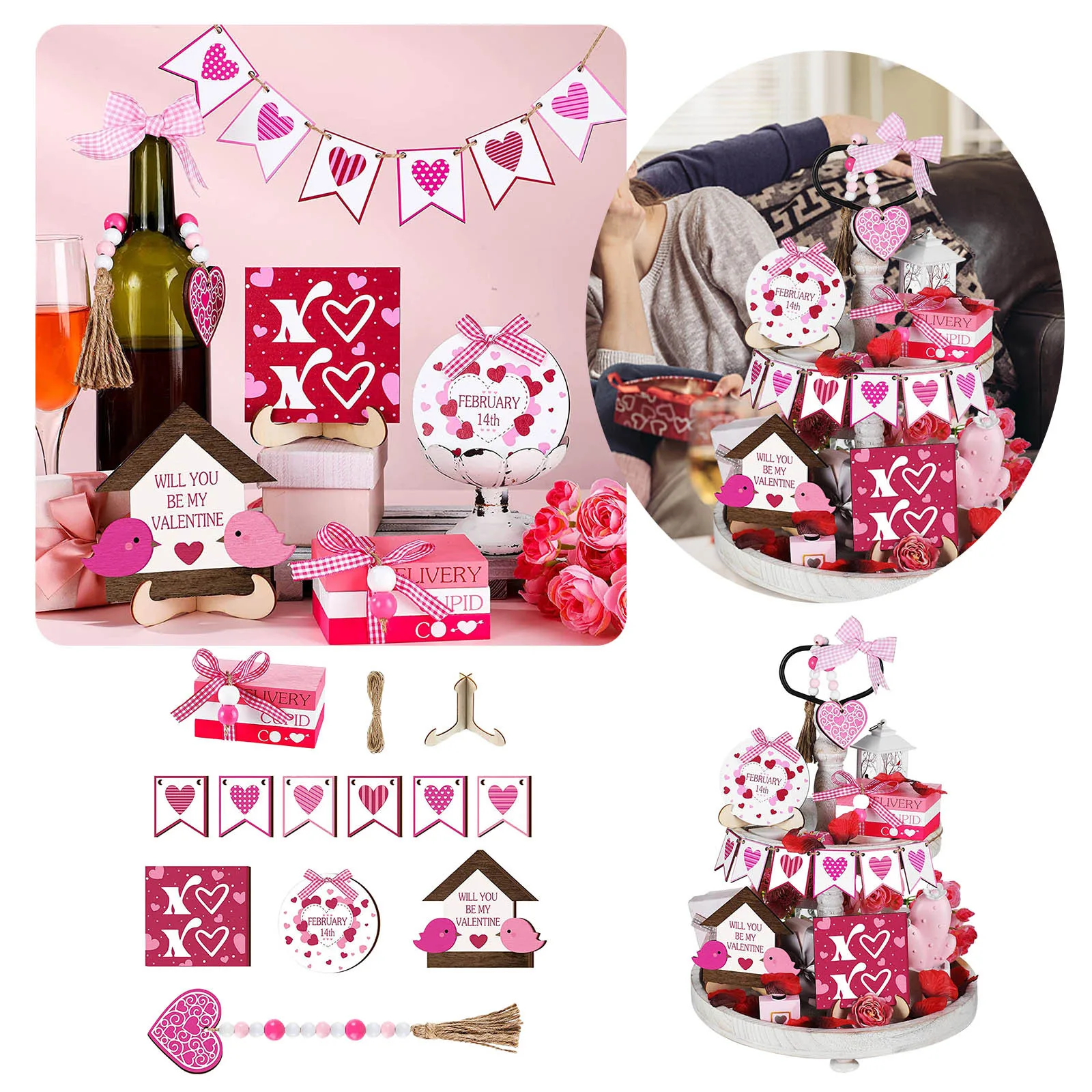 

Valentine'S Day Pendant Decoration Items Rustic Table Wooden Heart-Shaped Plaque Signs For Tray Tiered Decoration Romantic Gift
