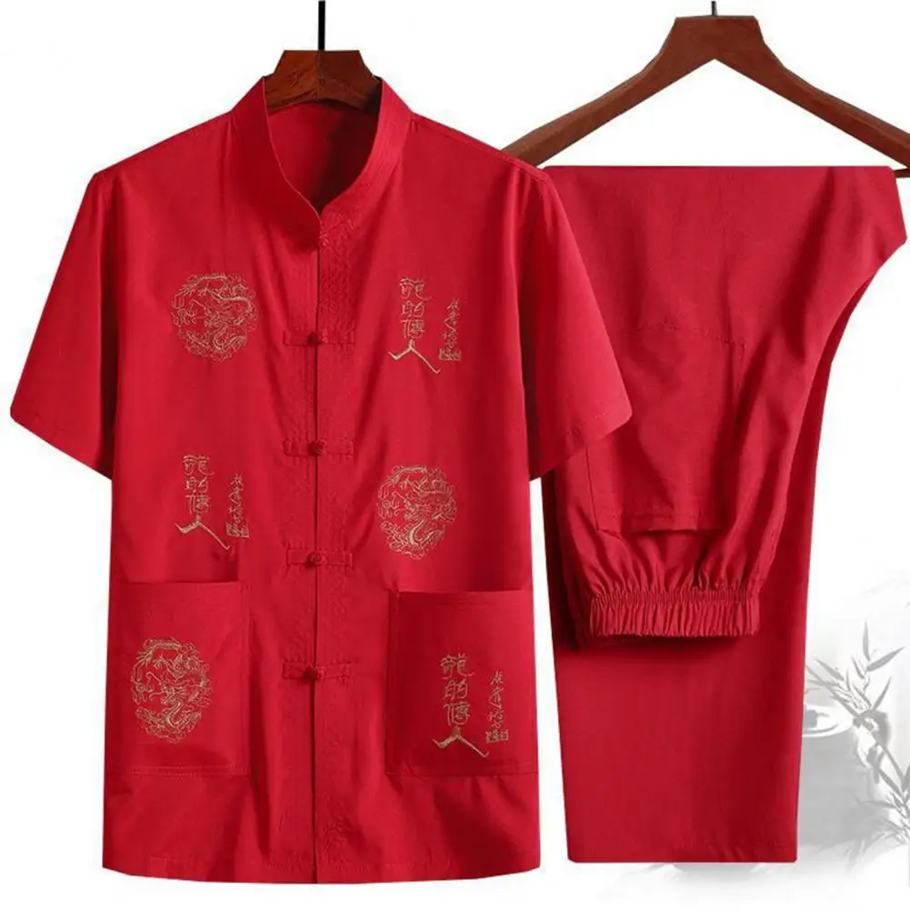 

Men Chinese-style Suit Dragon Embroidery Suit Retro Chinese Tang Suit Set for Mid-aged Men Stand Collar Shirt Embroidered Top