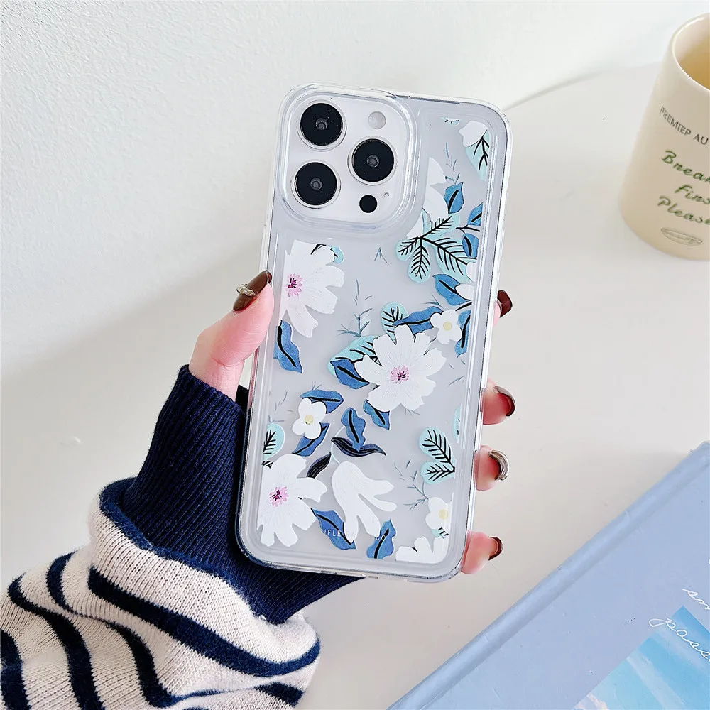 Coque de téléphone à fleurs mignonnes de style coréen INS pour iPhone 15 14 12 13 11 Pro Max 14Plus 15Plus en silicone souple transparent résistant aux chocs_voghion.com