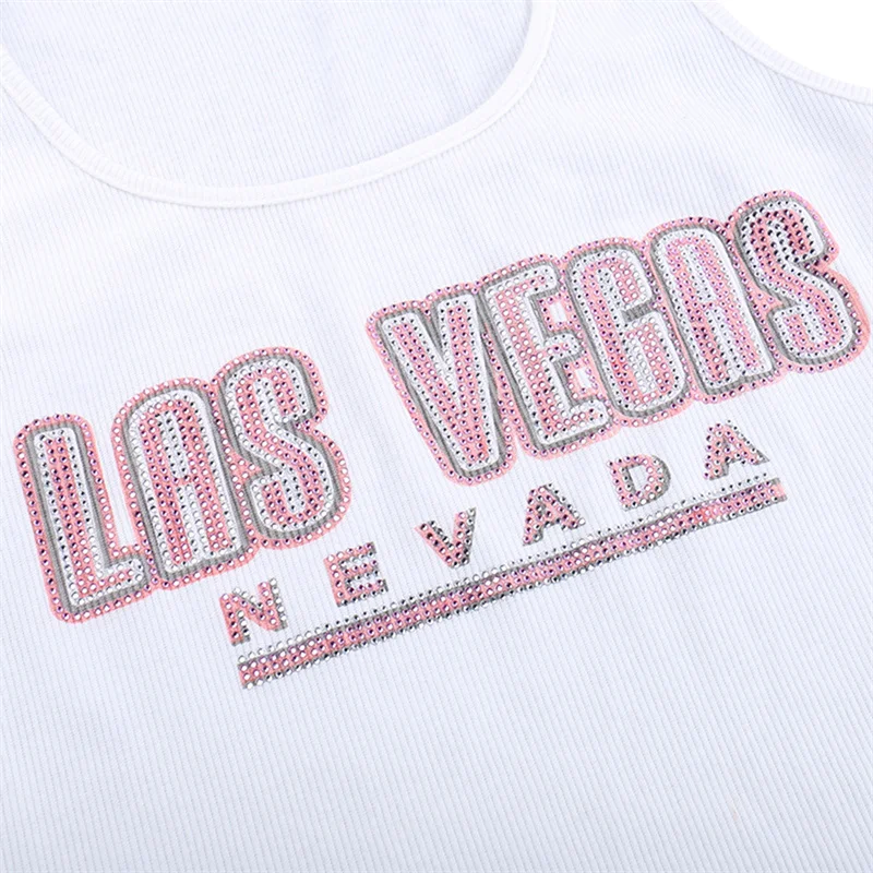 Camiseta sin mangas con estampado de letras Fairycore para mujer, ropa informal de los años 2000, con diamantes de imitación Y2K