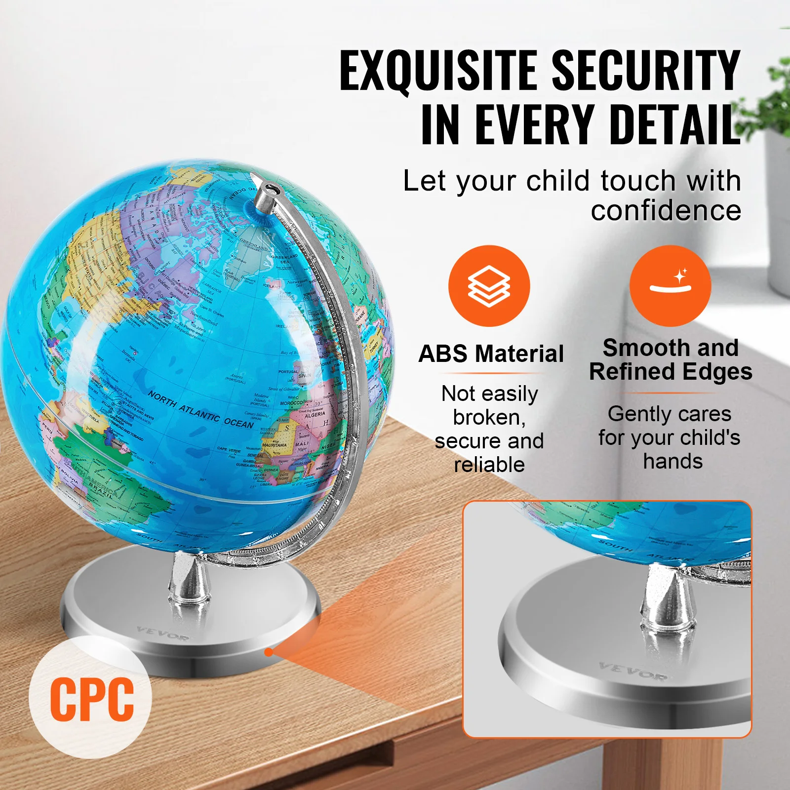 Rotating World Globe with Stand 8 in/203.2 mm Precise Time Zone ABS Material 360&deg; Spinning for Kids Geography Education SucceBuy