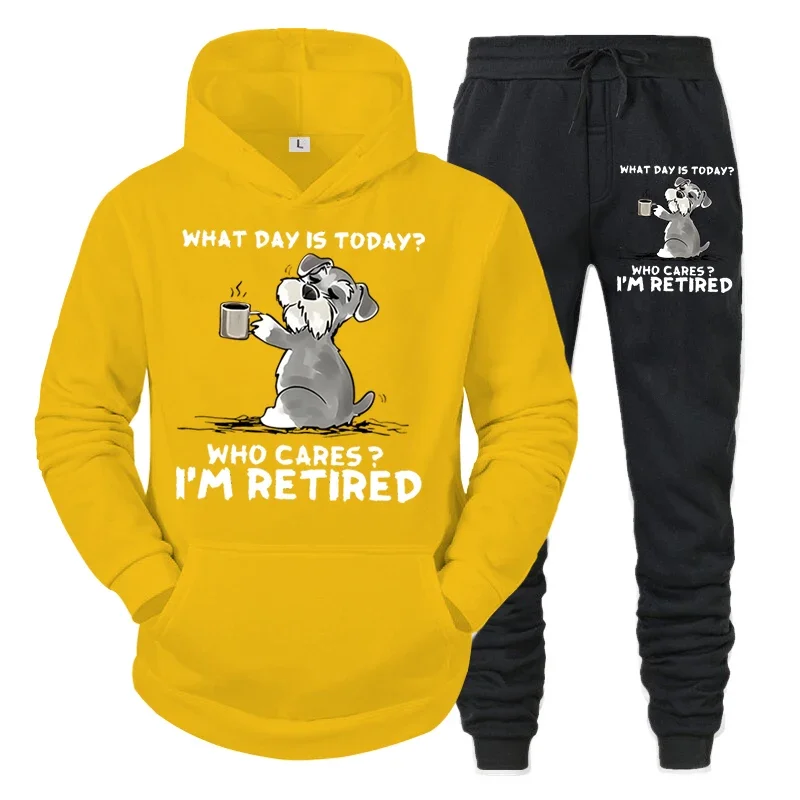 thumbnail image 1 of Conjunto de chándal para hombre nuevo "¿Qué día es hoy? ¿A quién le importa?" Sudadera con capucha y pantalón con estampado divertido de perro y café, conjunto de 2 piezas de pantalones de manga larga, 1 of 5