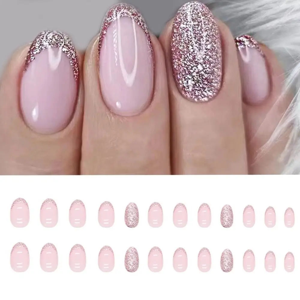 

24pcs Detachable DIY Press on Nails Full Cover Pink Fake Nails Long French Oval