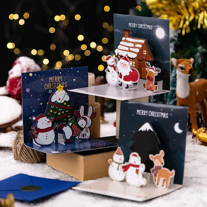3D Folding Merry Christmas Cards Snowman Santa Festival Greeting Card Xmas Decoration New Year Party Invitation Gift Postcard greeting cards