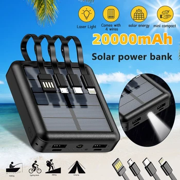 20000mAh Solar Power Bank Dual USB 4 Cables Portable Large Capacity Charger Super Fast Charging USB TypeC Outdoor Power Bank 1