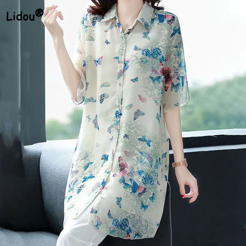 

Fashion Elegant Printed Half Sleeve Chiffon Blouse Summer Women's Clothing Casual Korean Polo-Neck Single-breasted Midi Shirt