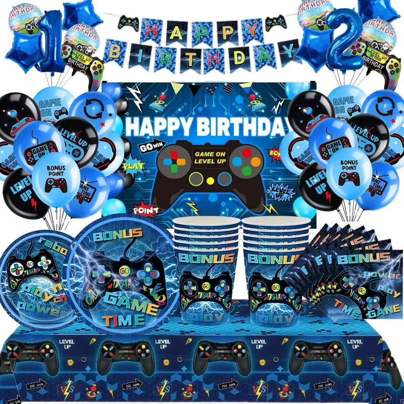 Videospiel Geburtstag Dekoration Ballon Geschirr Set Tischdecke Teller Tasse Hintergrund Banner Jungen Party Dekorationen Lieferungen
