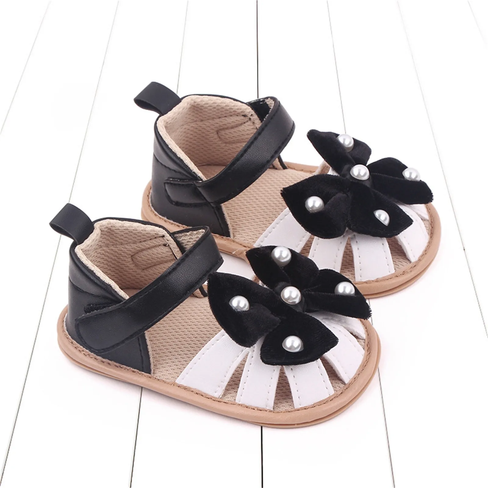 Infant Newborn Baby Toddler Girls Sandals PU leather Bowknot Pearls Non-slip Summer Casual Flat Soft Shoes Toddler Walkers