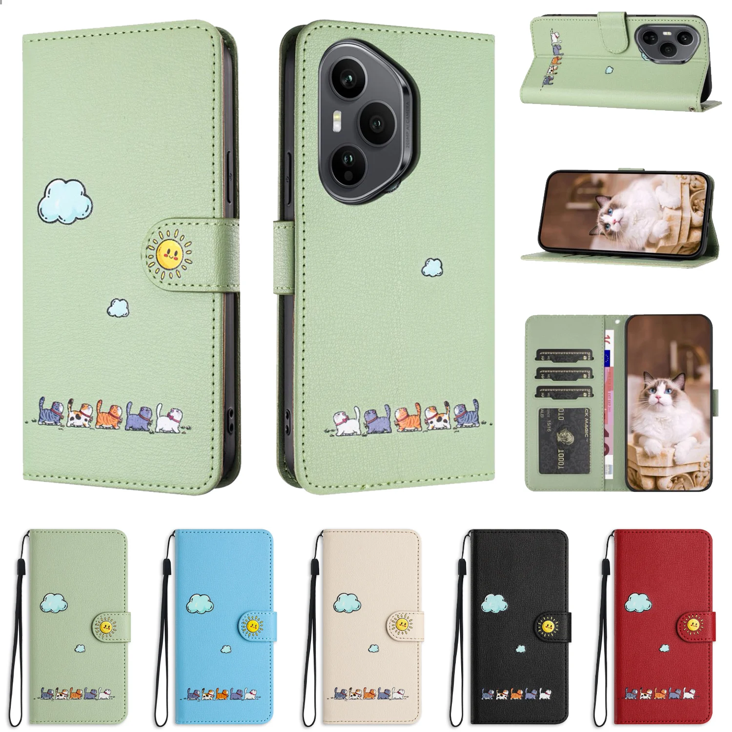 Leather Cat Design Phone Wallet Case with Book Stand and Card Holder