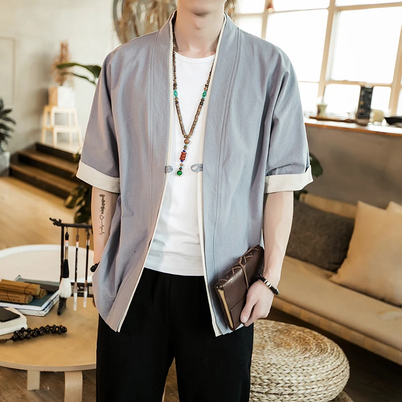 Men's Casual Blouse Cotton Linen Shirt Loose Tops Short Sleeve Chinese Clothing Handsome Men's Open Front Hanfu Coat Men Chinese Shirt