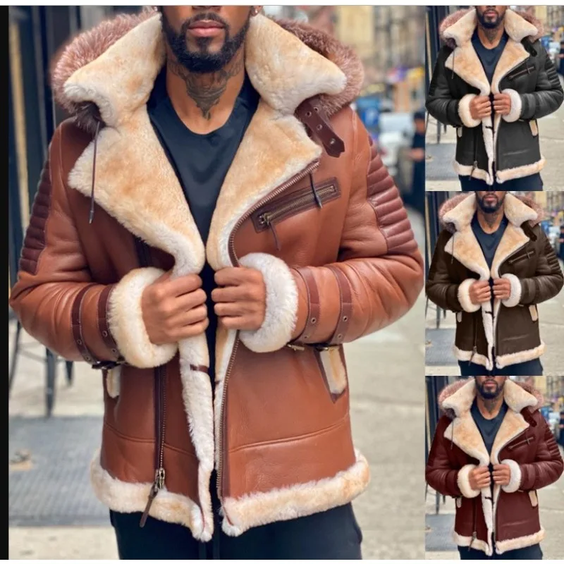 Mens Jacket Autumn Winter Thicked Fur Straight HemInner Lining with Plush Coat