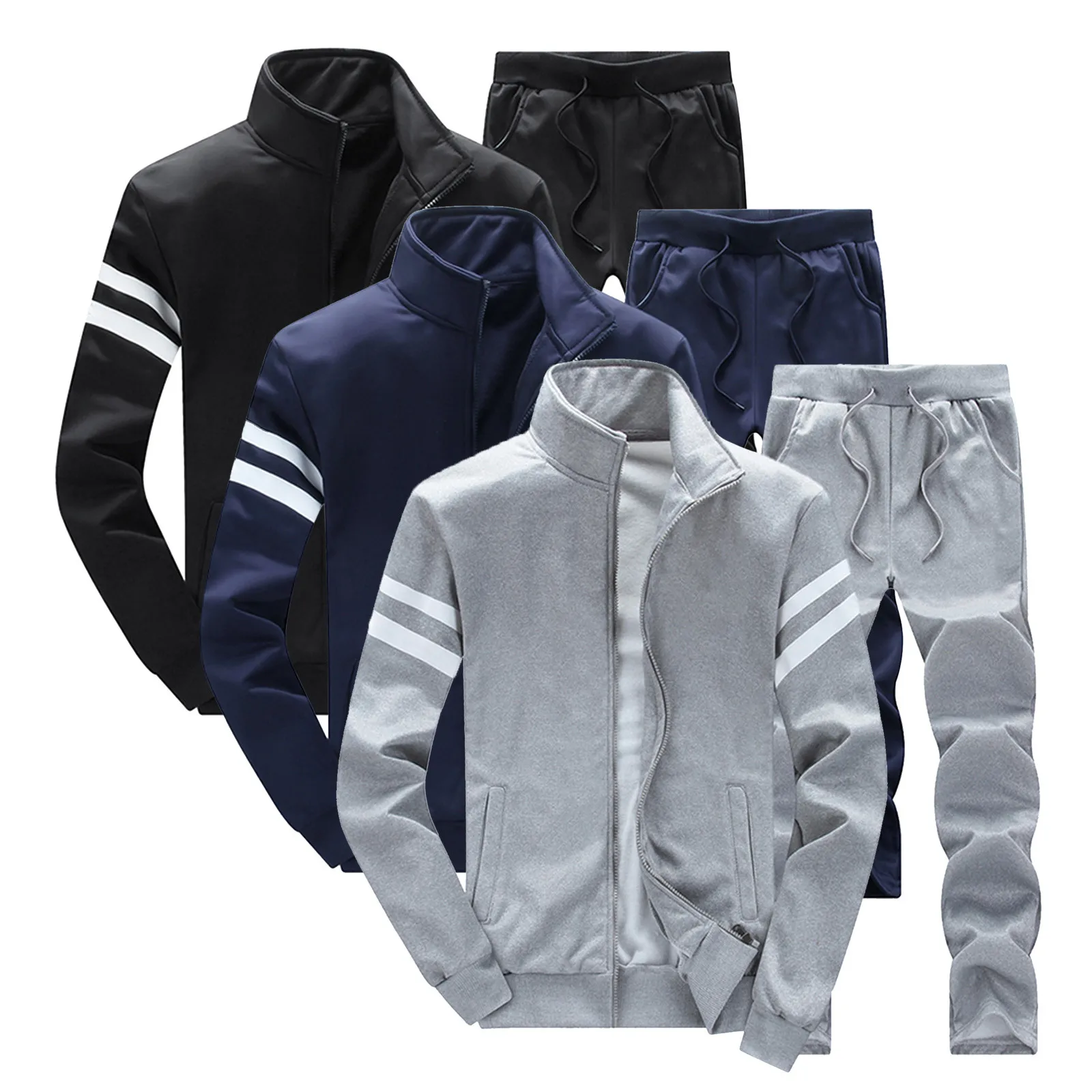 Mens Patchwork Hoodie Set Zip Up Stand-Up Collar Sweatshirt Drawstring Straight Sweatpant Plus Size 5xl Sports Tracksuit Sets
