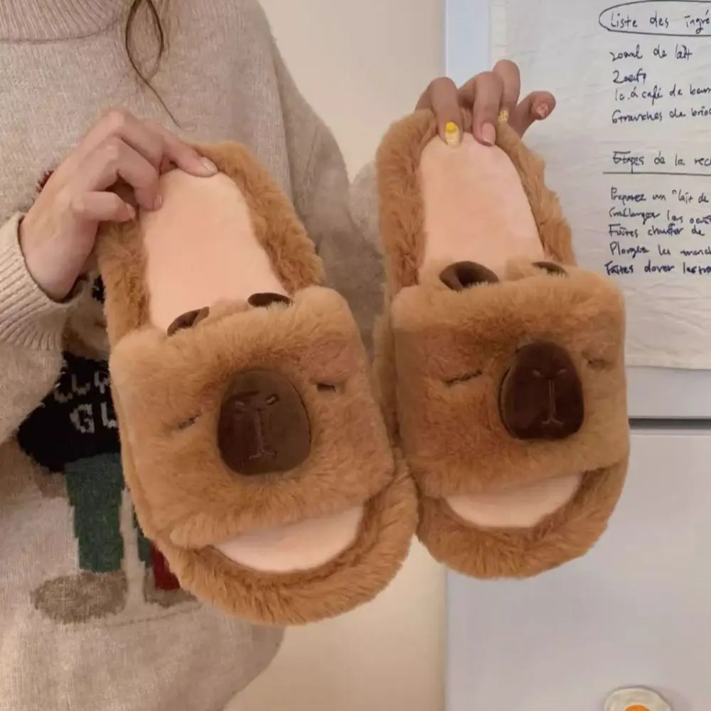 Soft Warm Capybara Slippers Cute Thick Sole Capibara Plush One-line Slippers Silent Non-Slip Winter Fluffy Kapibara Slides