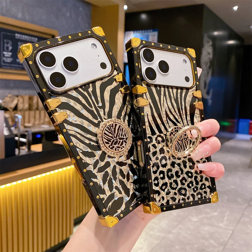 Luxury Leopard Gold Plating Glitter Case with Diamond Ring Stand Cover