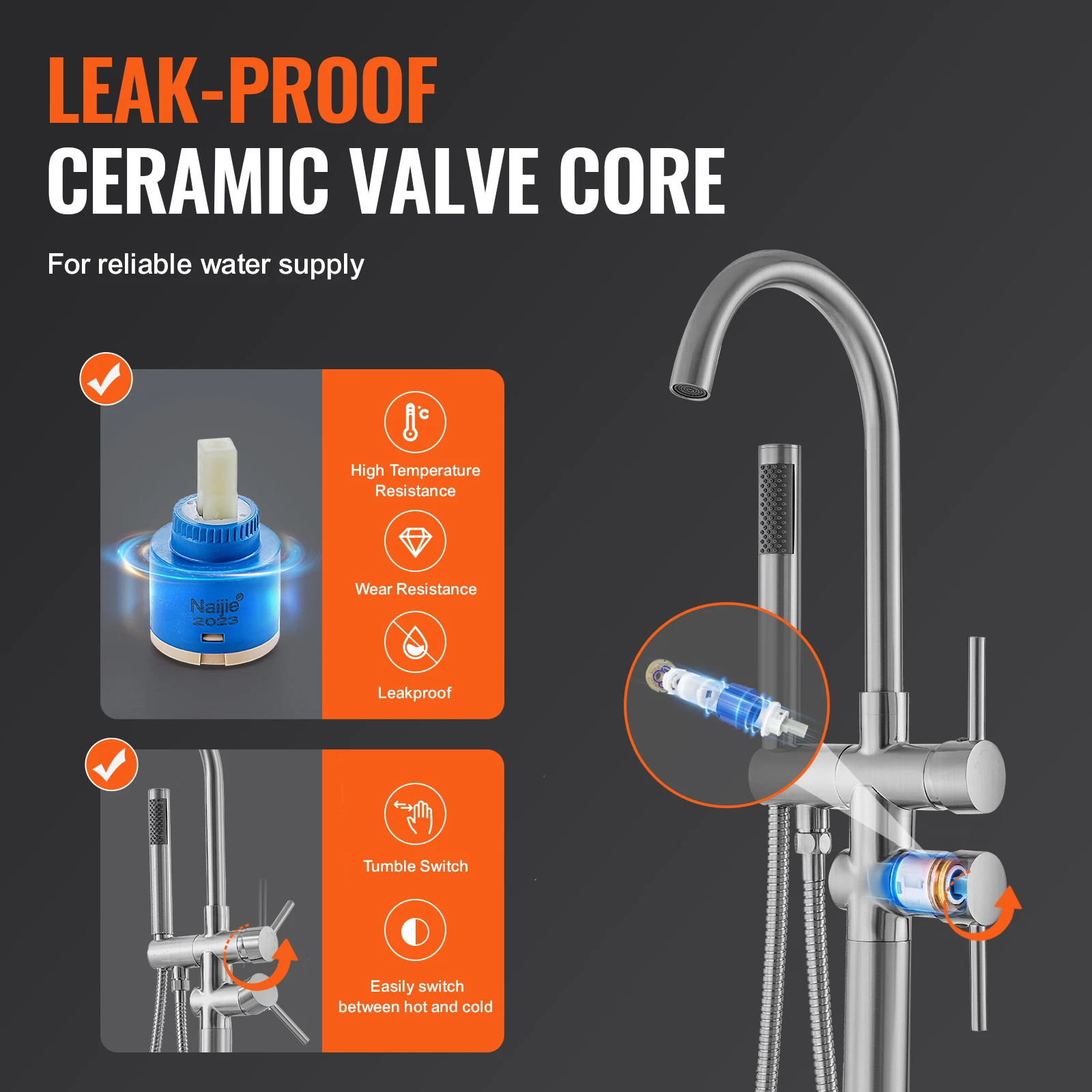 VEVOR Freestanding Bathtub Faucet Floor Mount Shower Mixer Taps For Bathing Showering Pet Cleaning Drains Toilet Flushing 3