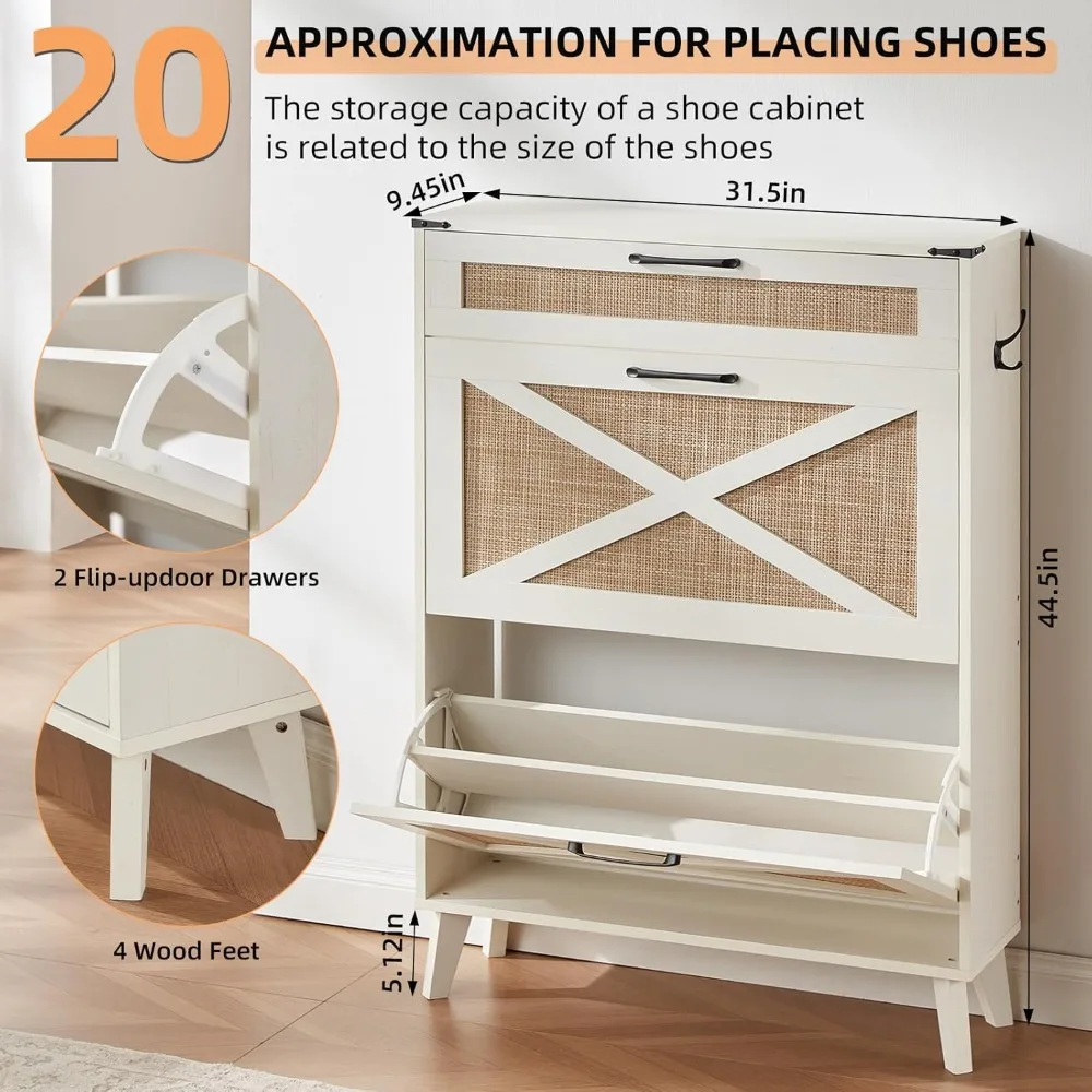 shoe storage cabinet for entryway with 2 rattan flip drawers, boho narrow shoe cabinets for 16-20 pairs shoes with large drawer