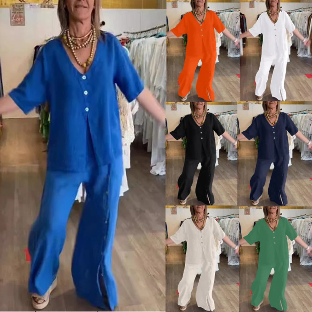 Women Two Piece V Neck Blouse and Wide Leg Pant Suits