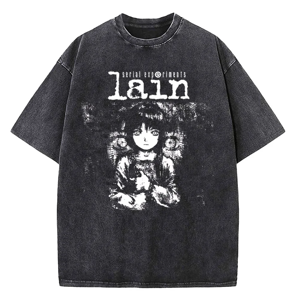 japanese anime Serial Experiments Lain Vintage Washed T Shirt Men
