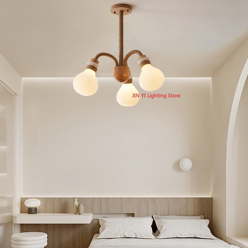 Japanese Style Wooden Wabi Sabi Cream Style Living Room Chandelier Design Sense Hemp Rope Homestay Study Bedroom Chandelier