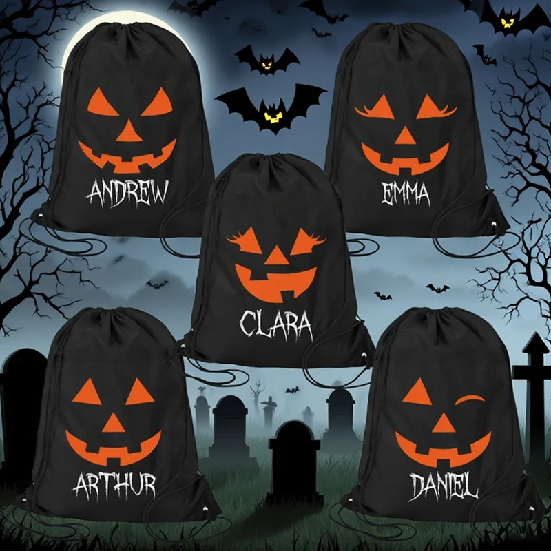 Personalisierter Name Schwarz Einzigartige Halloween Party Kordelzug Geschenktüte Benutzerdefinierte gruselige Kürbis Gesicht Süßigkeiten Rucksack Festival Dekoration