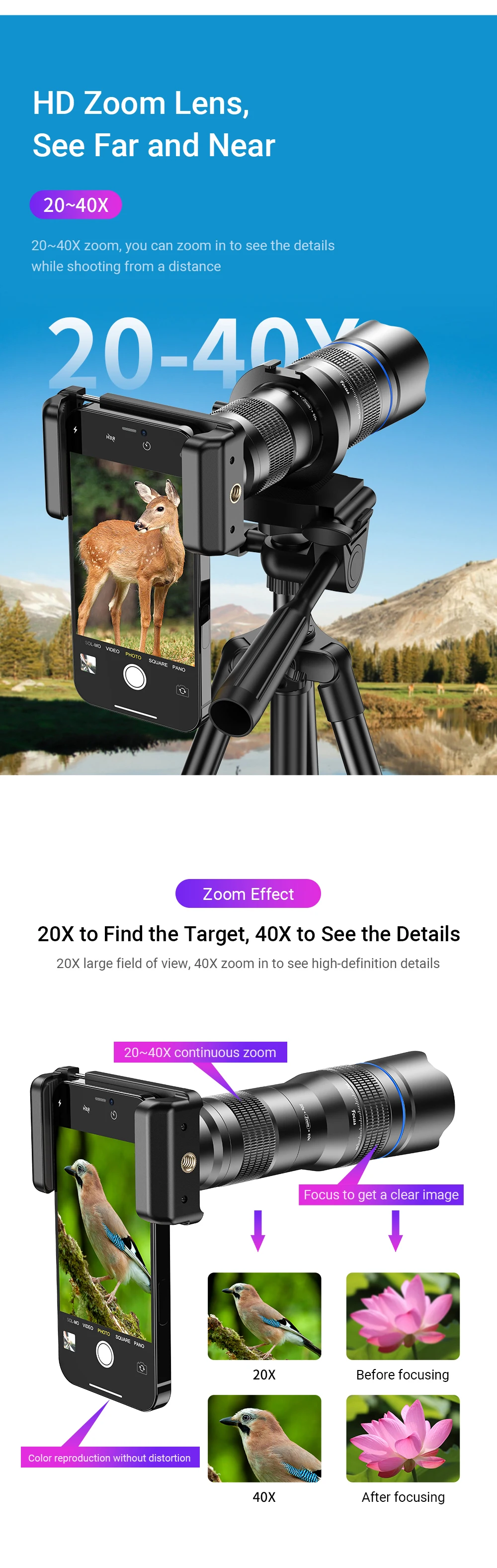 HD Metal 20-40x Zoom Telescope Telephoto Lens Phone Camera Lens With Extendable