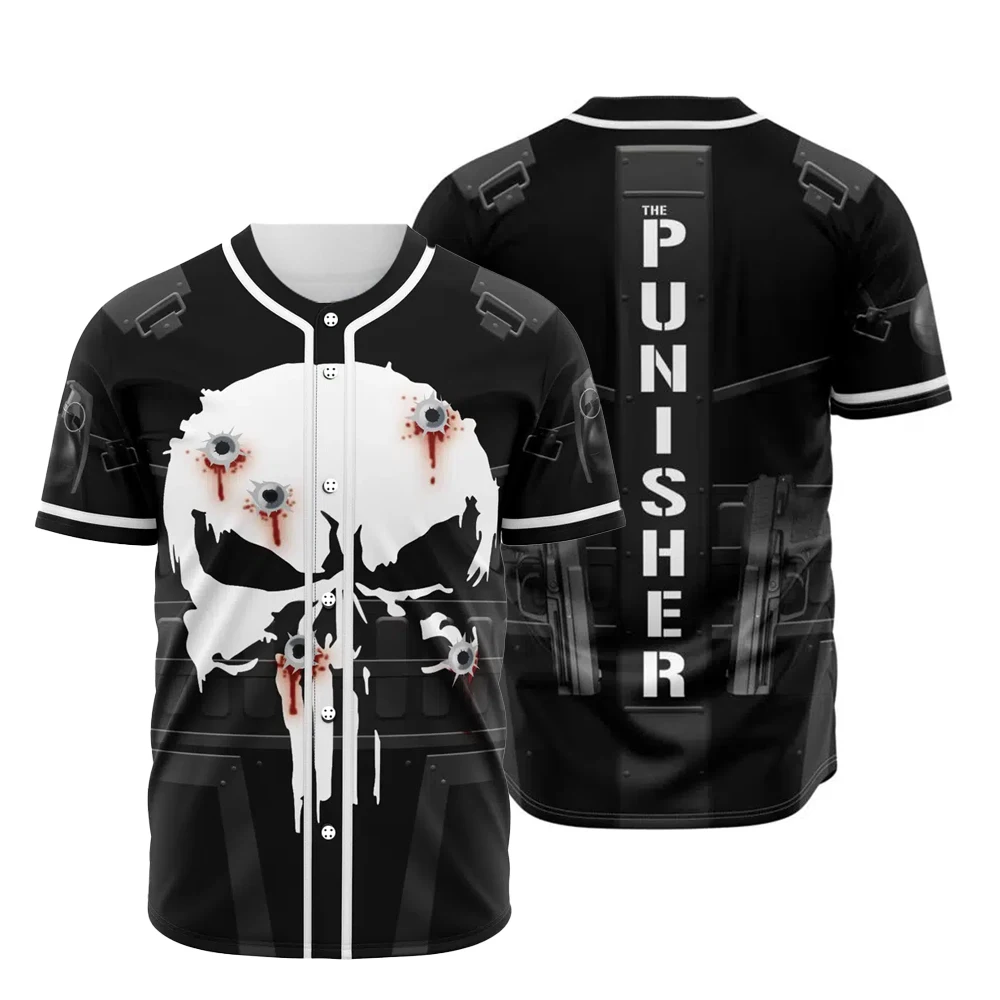 Hot Selling MensThe Punisher Cosplay Short Sleeve Baseball Shirt Youth Kids Training Baseball Uniform Breathable Jersey
